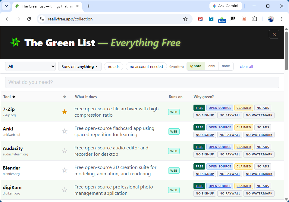 The live Green List at reallyfree.app